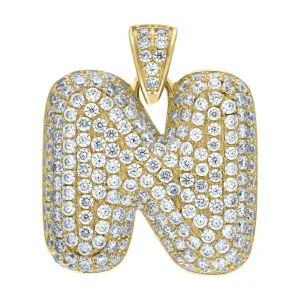 10K Yellow Gold Iced Out CZ Bubble Initial Letter "N" Charm Pendant 5.4 Grams