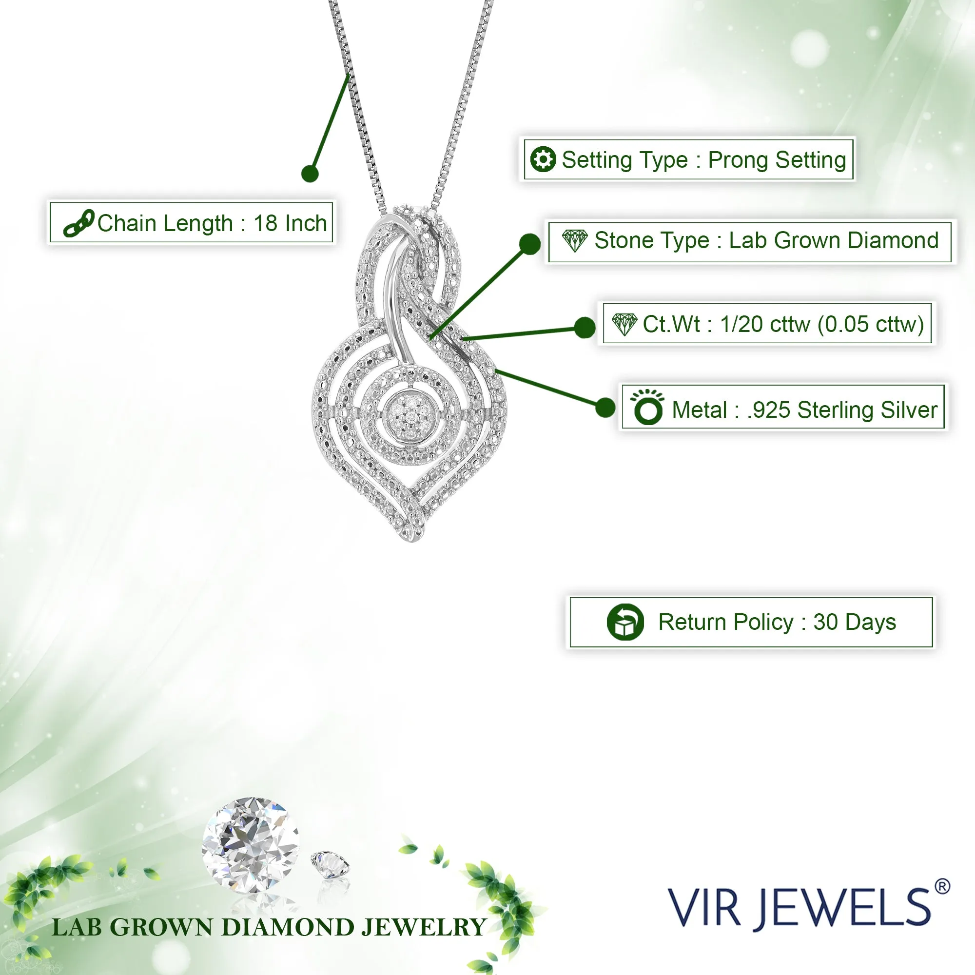 1/20 cttw Lab Grown Diamond Cluster Leaf Pendant in Sterling Silver