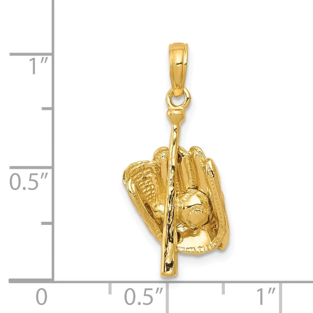 14K Polished 3-D Glove/Bat/Baseball Pendant