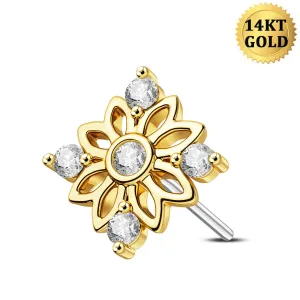 14K Solid Gold Symmetric CZ Flower Push Pin Cartilage Nose Stud
