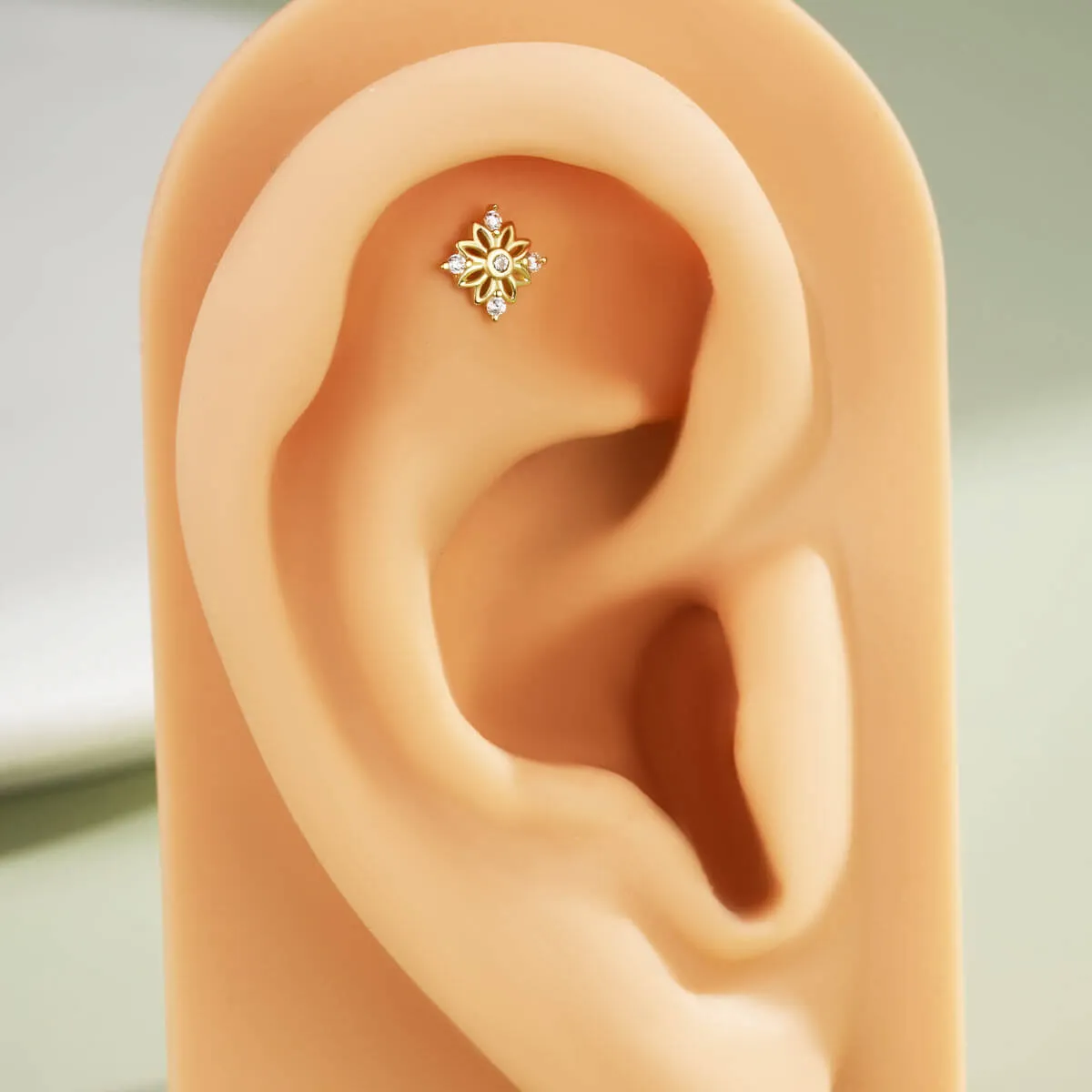 14K Solid Gold Symmetric CZ Flower Push Pin Cartilage Nose Stud