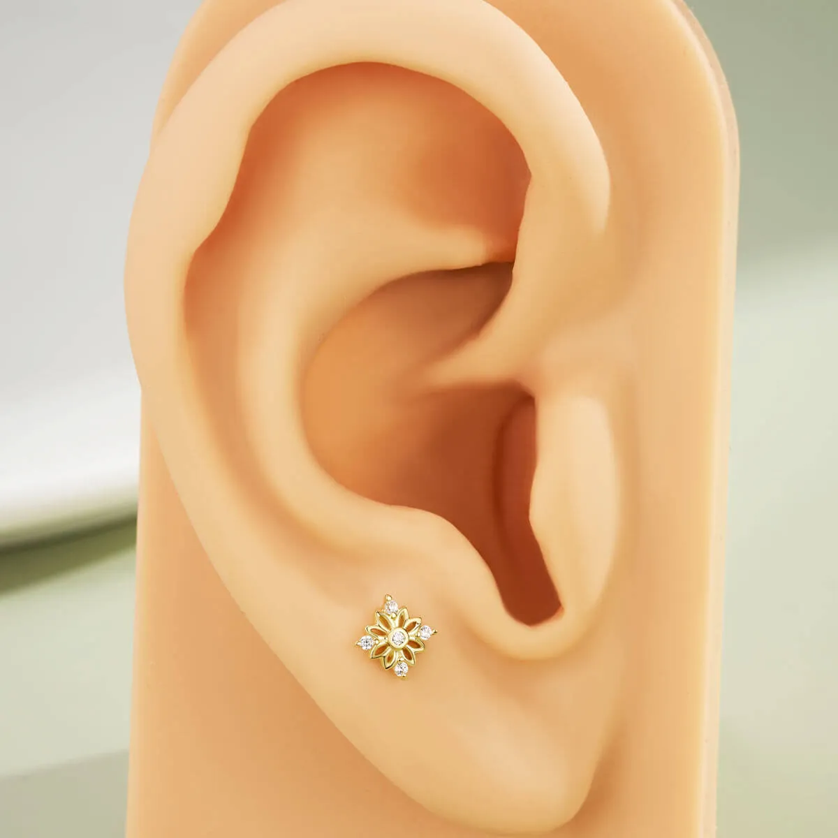 14K Solid Gold Symmetric CZ Flower Push Pin Cartilage Nose Stud