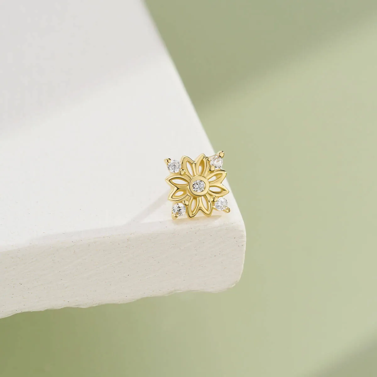 14K Solid Gold Symmetric CZ Flower Push Pin Cartilage Nose Stud