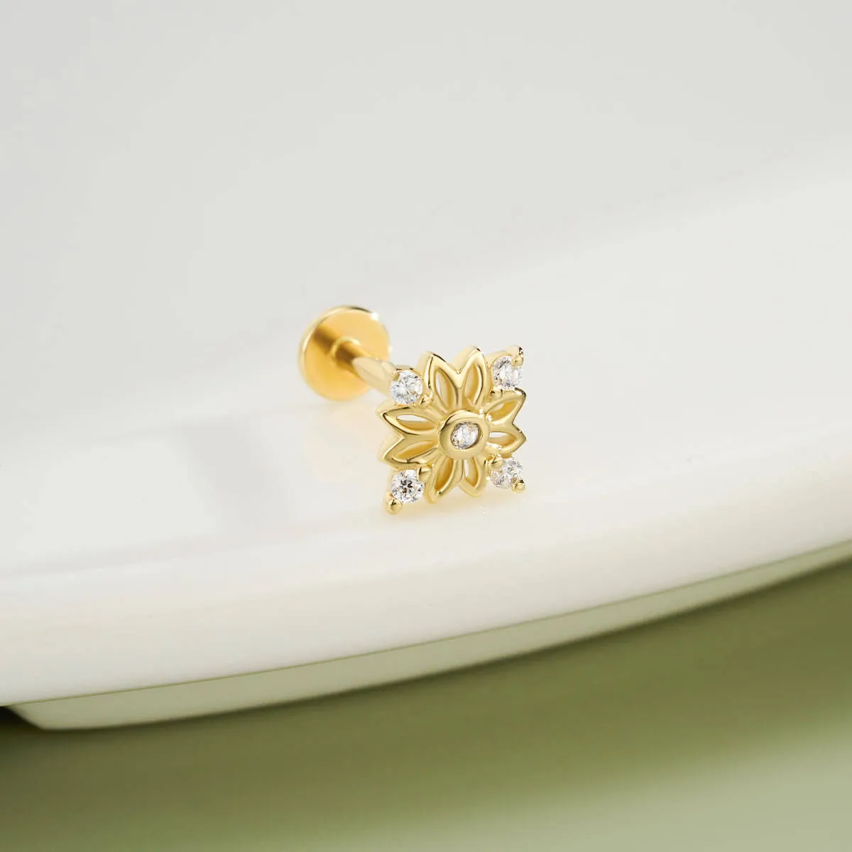 14K Solid Gold Symmetric CZ Flower Push Pin Cartilage Nose Stud