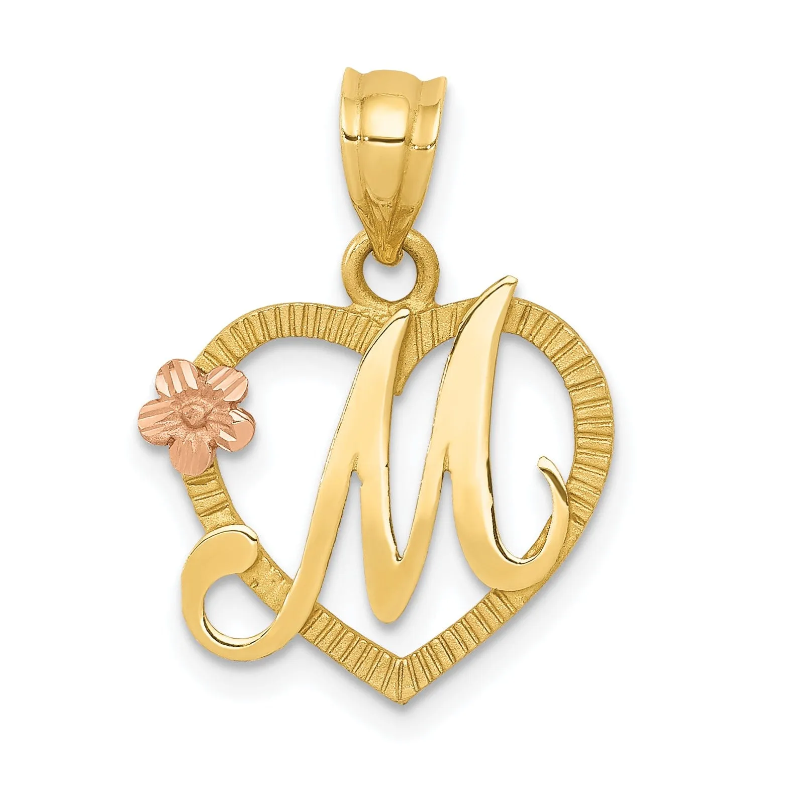 14k Two Tone Gold Heart Flower Design Script Letter M Initial Charm Pendant
