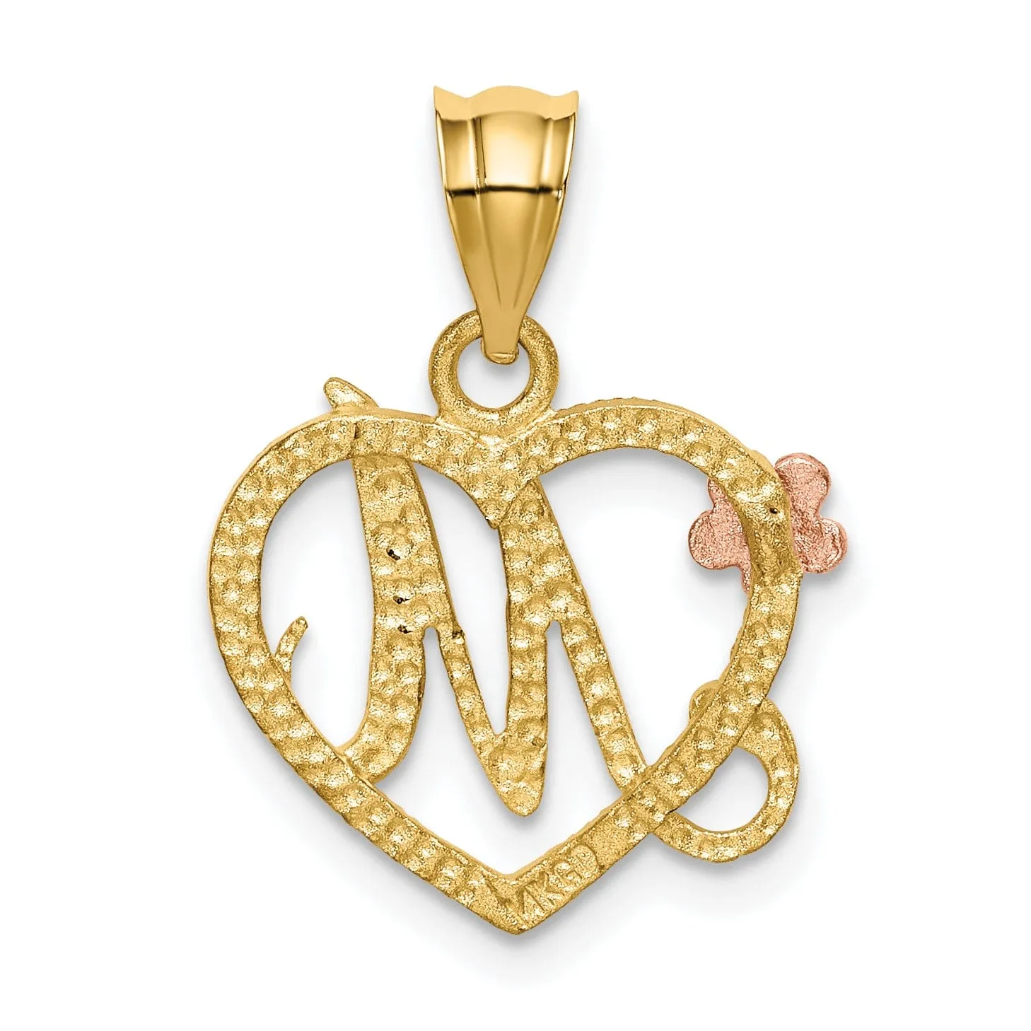 14k Two Tone Gold Heart Flower Design Script Letter M Initial Charm Pendant