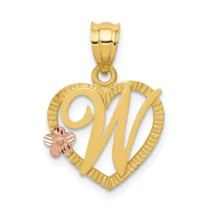 14k Two Tone Gold Heart Flower Design Script Letter W Initial Charm Pendant