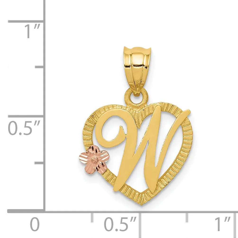14k Two Tone Gold Heart Flower Design Script Letter W Initial Charm Pendant