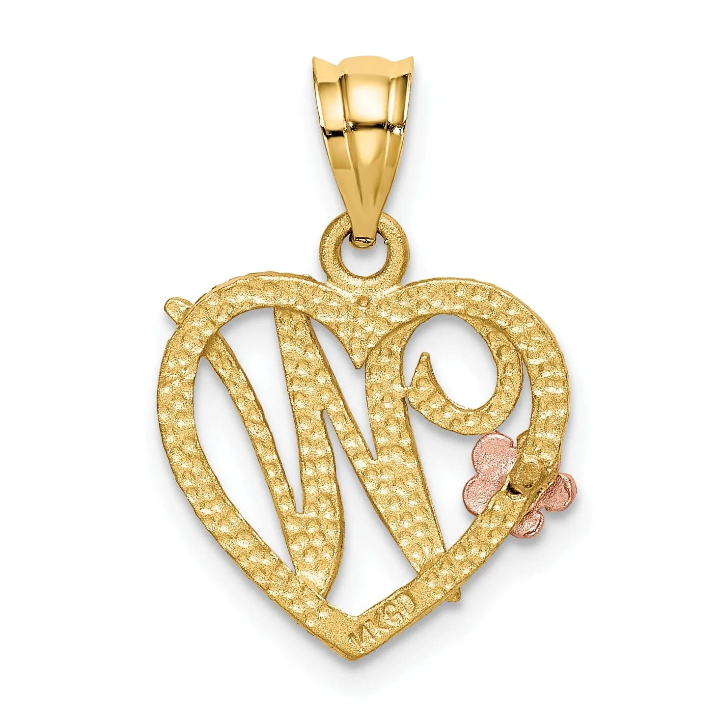 14k Two Tone Gold Heart Flower Design Script Letter W Initial Charm Pendant