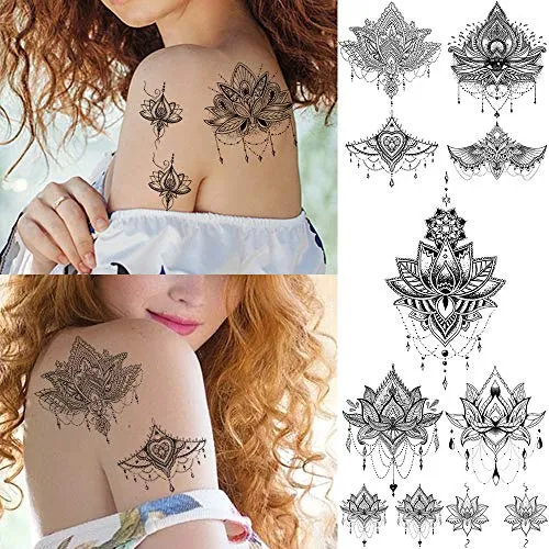 15 Sheets Sexy Black Henna Mehndi Lotus Temporary Tattoos For Women Fake Jewelry Lace Moon Moth Flowers Pendant Temp Tattoos Temporary Sticker For Girls Arm Neck Chest Breast Hanna Hena Tatoos