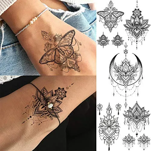 15 Sheets Sexy Black Henna Mehndi Lotus Temporary Tattoos For Women Fake Jewelry Lace Moon Moth Flowers Pendant Temp Tattoos Temporary Sticker For Girls Arm Neck Chest Breast Hanna Hena Tatoos