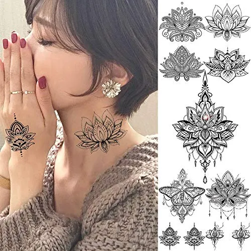 15 Sheets Sexy Black Henna Mehndi Lotus Temporary Tattoos For Women Fake Jewelry Lace Moon Moth Flowers Pendant Temp Tattoos Temporary Sticker For Girls Arm Neck Chest Breast Hanna Hena Tatoos