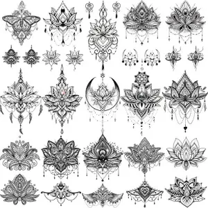 15 Sheets Sexy Black Henna Mehndi Lotus Temporary Tattoos For Women Fake Jewelry Lace Moon Moth Flowers Pendant Temp Tattoos Temporary Sticker For Girls Arm Neck Chest Breast Hanna Hena Tatoos
