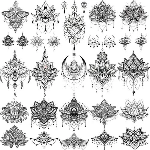 15 Sheets Sexy Black Henna Mehndi Lotus Temporary Tattoos For Women Fake Jewelry Lace Moon Moth Flowers Pendant Temp Tattoos Temporary Sticker For Girls Arm Neck Chest Breast Hanna Hena Tatoos