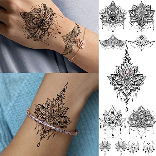 15 Sheets Sexy Black Henna Mehndi Lotus Temporary Tattoos For Women Fake Jewelry Lace Moon Moth Flowers Pendant Temp Tattoos Temporary Sticker For Girls Arm Neck Chest Breast Hanna Hena Tatoos