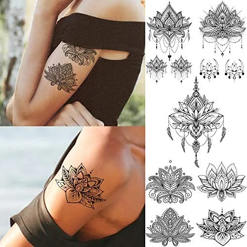 15 Sheets Sexy Black Henna Mehndi Lotus Temporary Tattoos For Women Fake Jewelry Lace Moon Moth Flowers Pendant Temp Tattoos Temporary Sticker For Girls Arm Neck Chest Breast Hanna Hena Tatoos