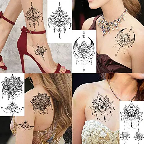 15 Sheets Sexy Black Henna Mehndi Lotus Temporary Tattoos For Women Fake Jewelry Lace Moon Moth Flowers Pendant Temp Tattoos Temporary Sticker For Girls Arm Neck Chest Breast Hanna Hena Tatoos