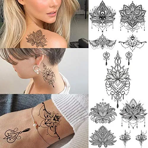 15 Sheets Sexy Black Henna Mehndi Lotus Temporary Tattoos For Women Fake Jewelry Lace Moon Moth Flowers Pendant Temp Tattoos Temporary Sticker For Girls Arm Neck Chest Breast Hanna Hena Tatoos