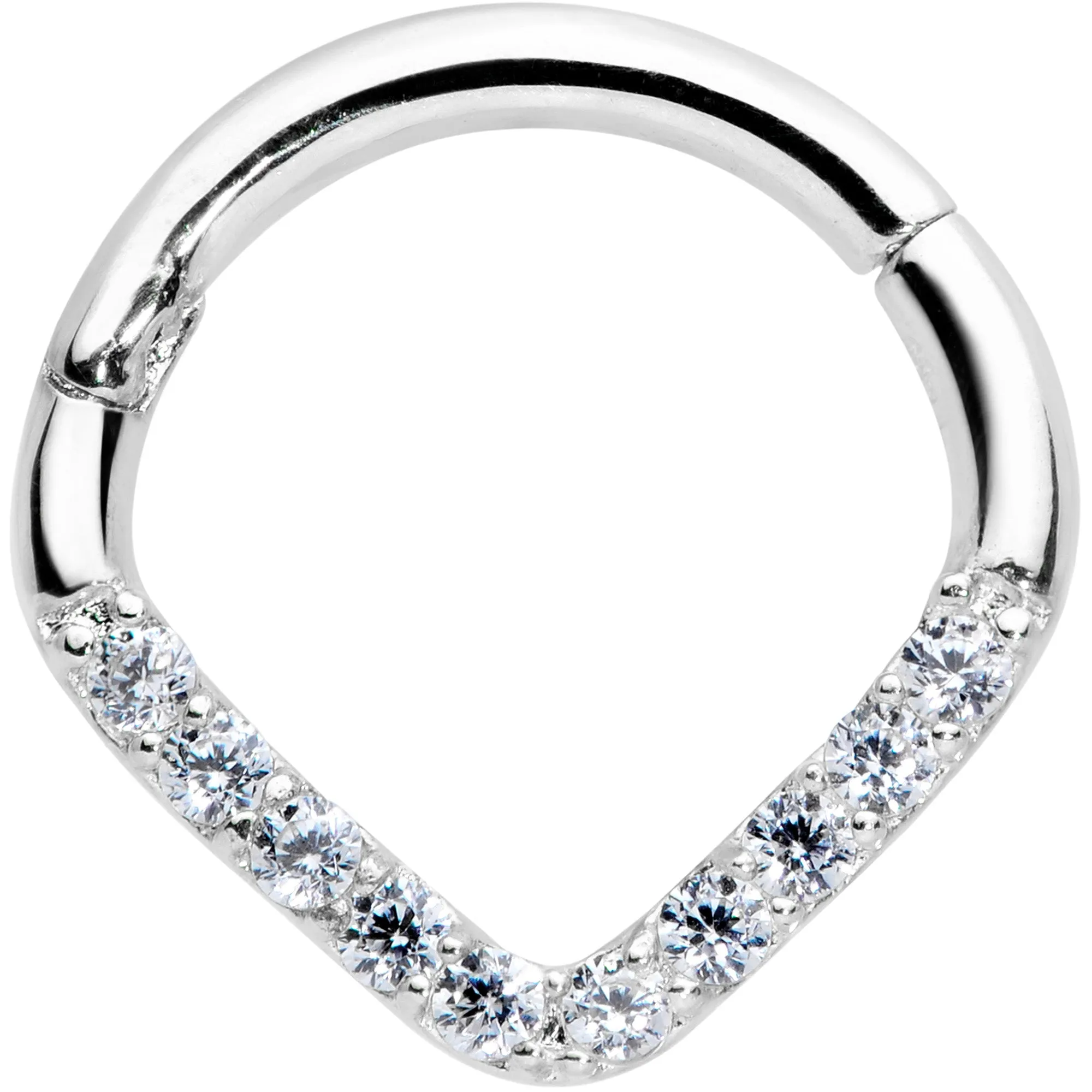 16 Gauge 5/16 14k White Gold Clear CZ Gem Chevron Hinged Segment Ring