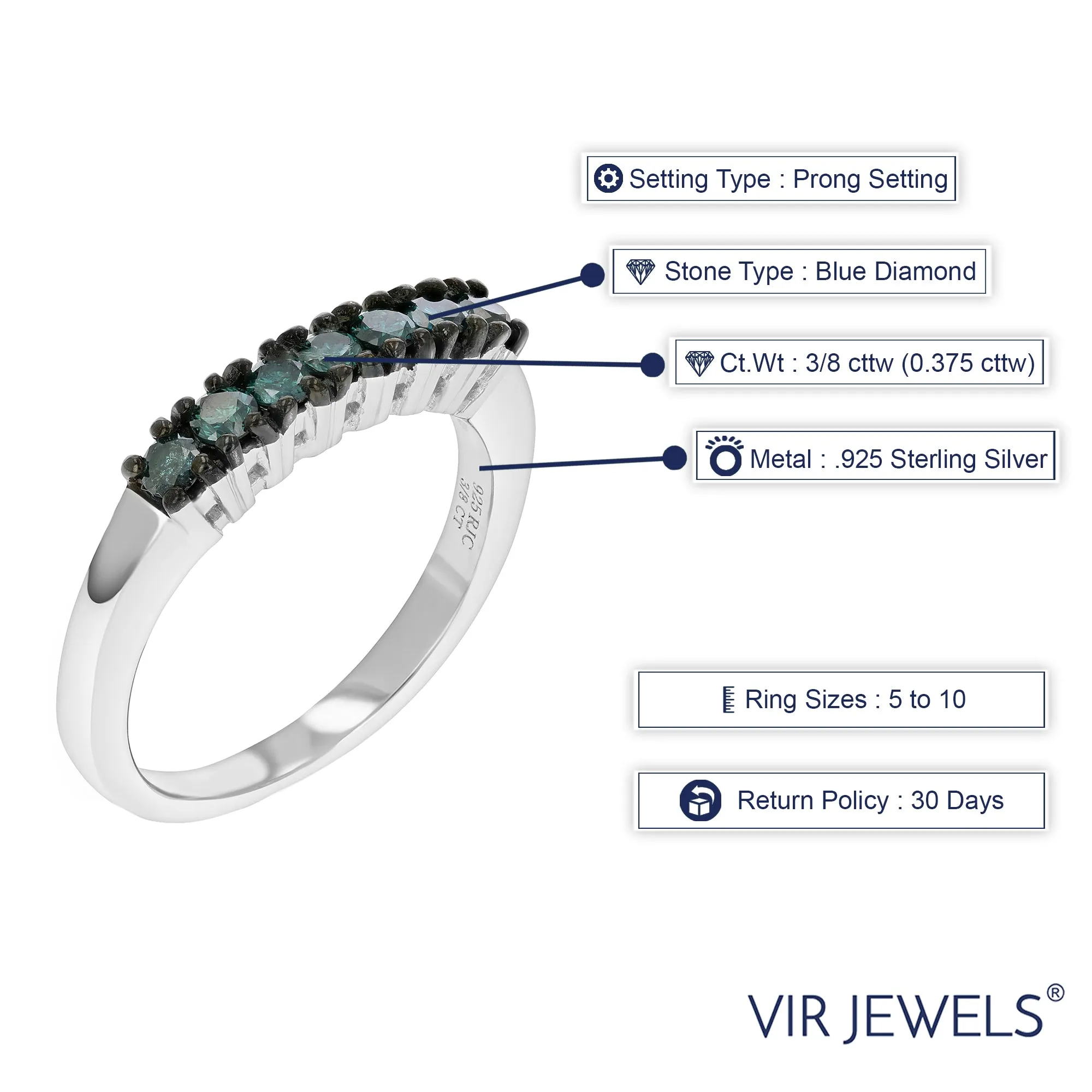 3/8 cttw Blue Diamond Wedding Band .925 in Sterling Silver