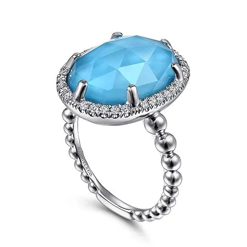 925 Sterling Silver Oval Rock Crystal and Turquoise Signet Ring with White Sapphire Halo
