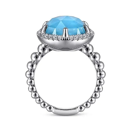 925 Sterling Silver Oval Rock Crystal and Turquoise Signet Ring with White Sapphire Halo