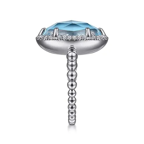 925 Sterling Silver Oval Rock Crystal and Turquoise Signet Ring with White Sapphire Halo
