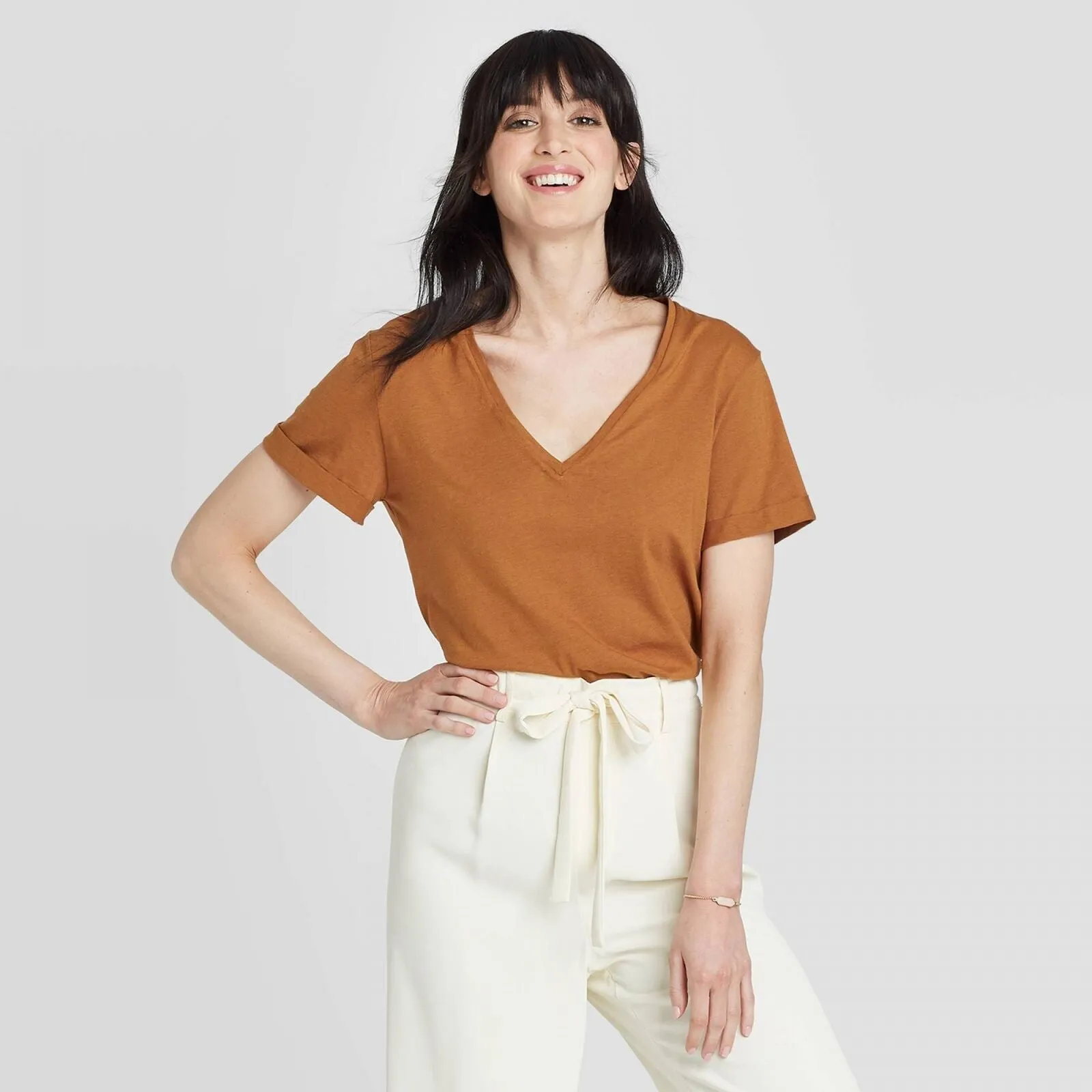 A New Day Women's Short Sleeve V-Neck Casual Cuff T-Shirt 562552