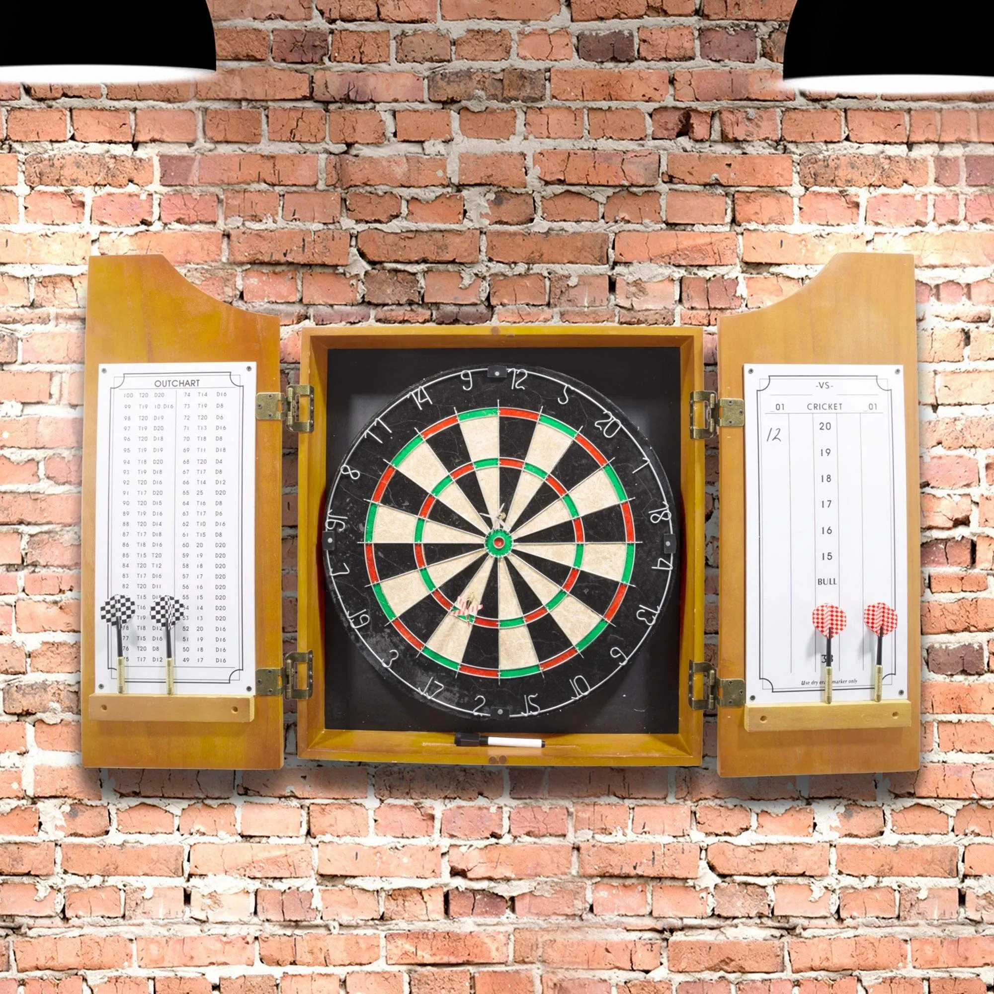 All American Solid Pine Dart Board and Cabinet