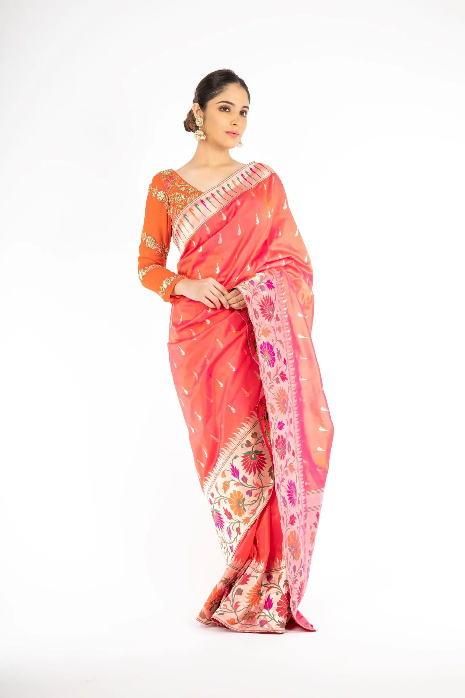 Alluring Orange and Red Double Shaded Paithani Weaving Banarasi Saree