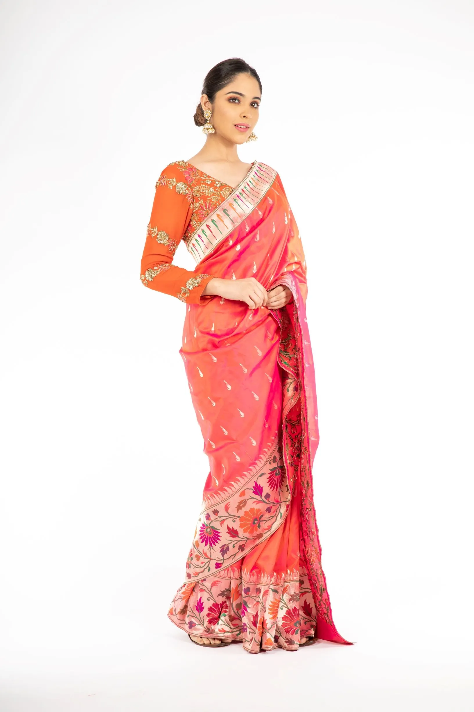 Alluring Orange and Red Double Shaded Paithani Weaving Banarasi Saree