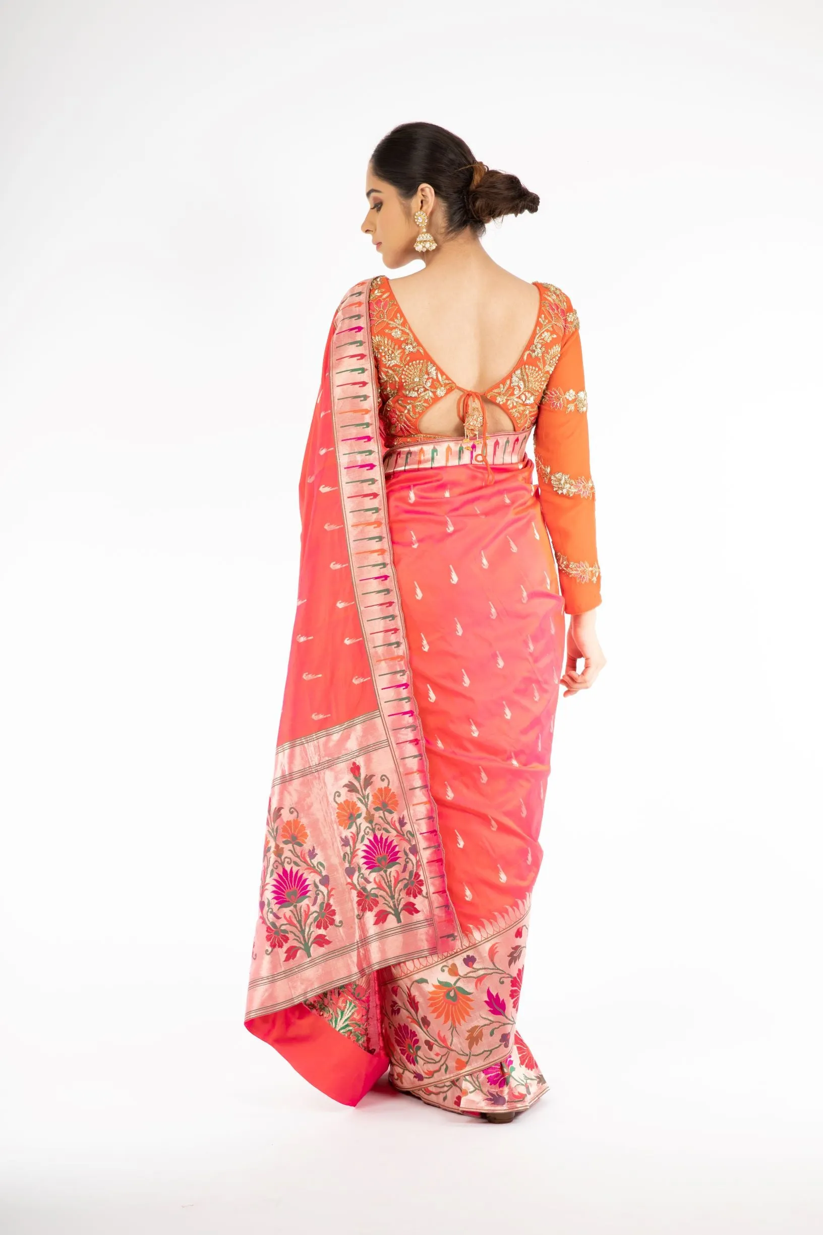 Alluring Orange and Red Double Shaded Paithani Weaving Banarasi Saree