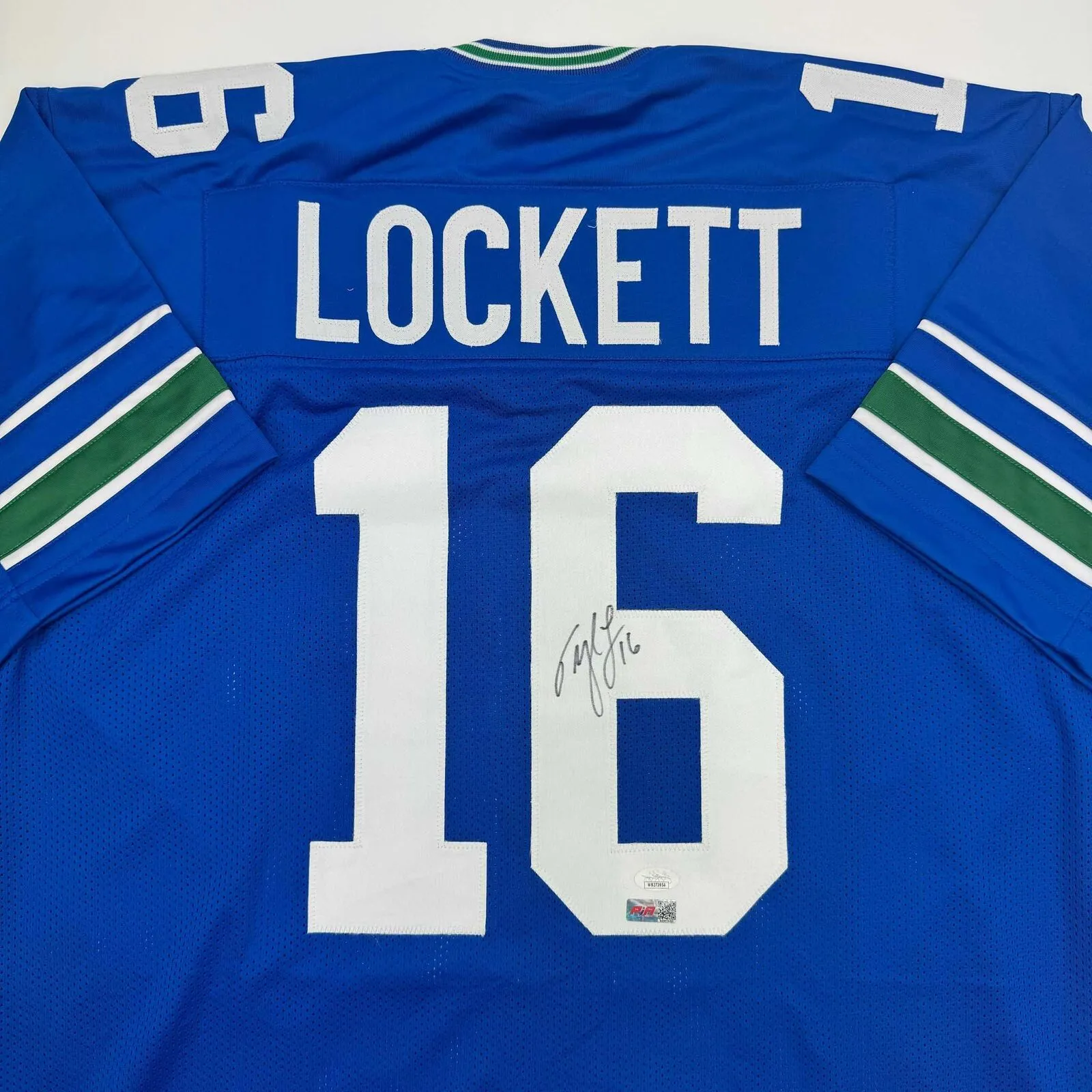Autographed/Signed Tyler Lockett Seattle Blue Retro Football Jersey JSA COA