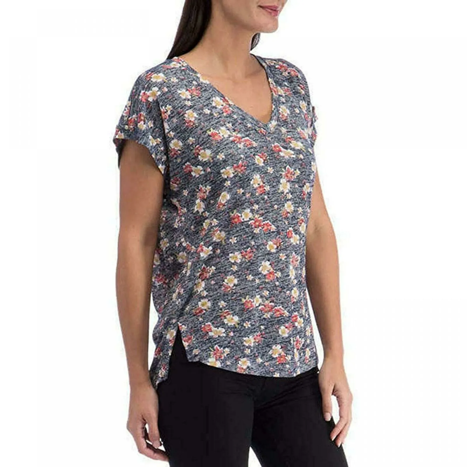 B Collection by Bobeau Women's Roll Cuff Back Pleat V-Neck Slub Knit T-Shirt