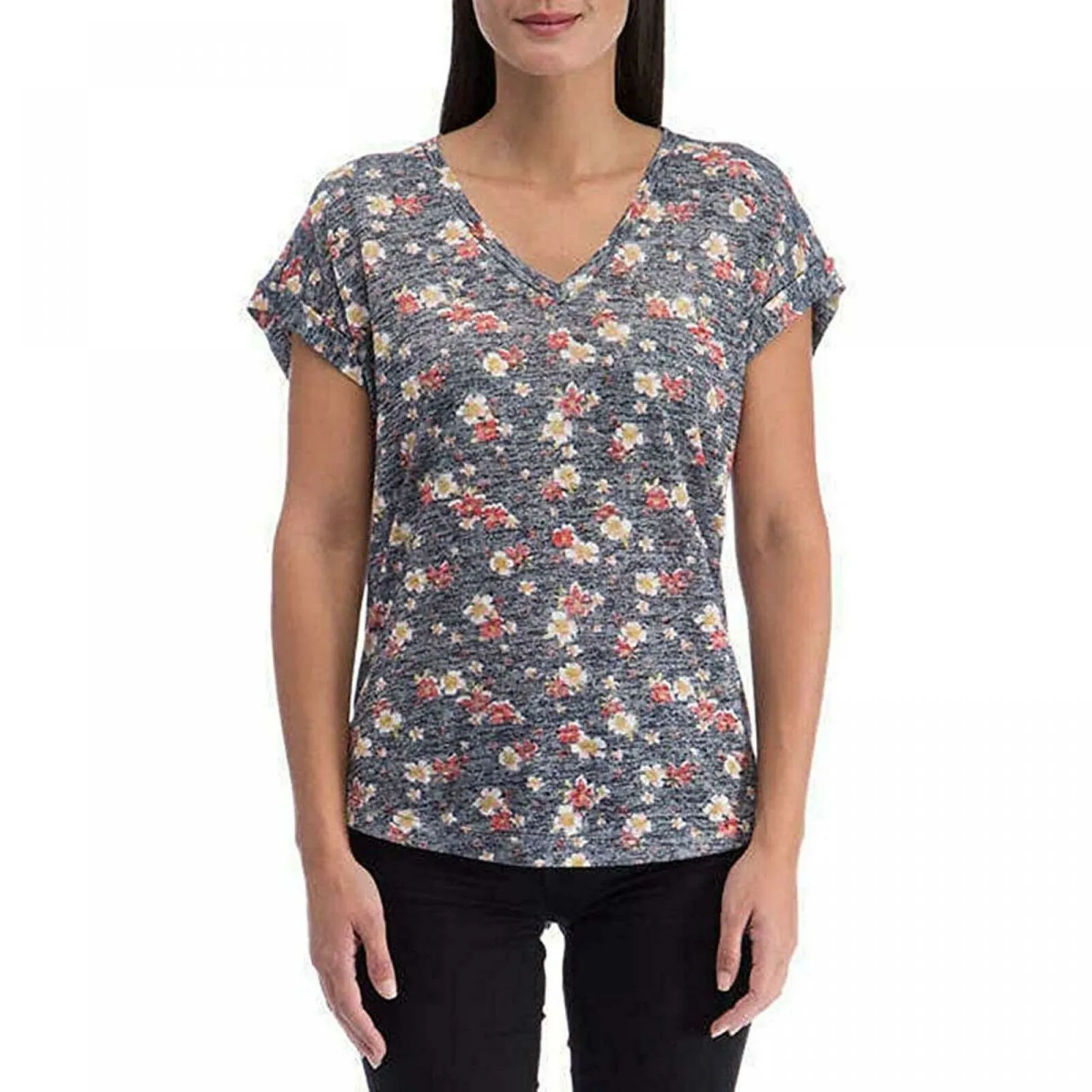 B Collection by Bobeau Women's Roll Cuff Back Pleat V-Neck Slub Knit T-Shirt