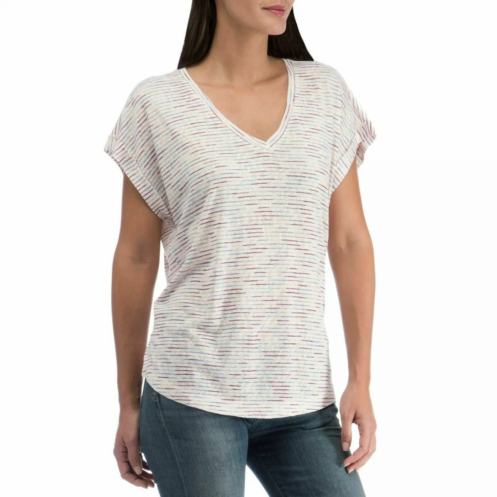 B Collection by Bobeau Women's Roll Cuff Back Pleat V-Neck Slub Knit T-Shirt
