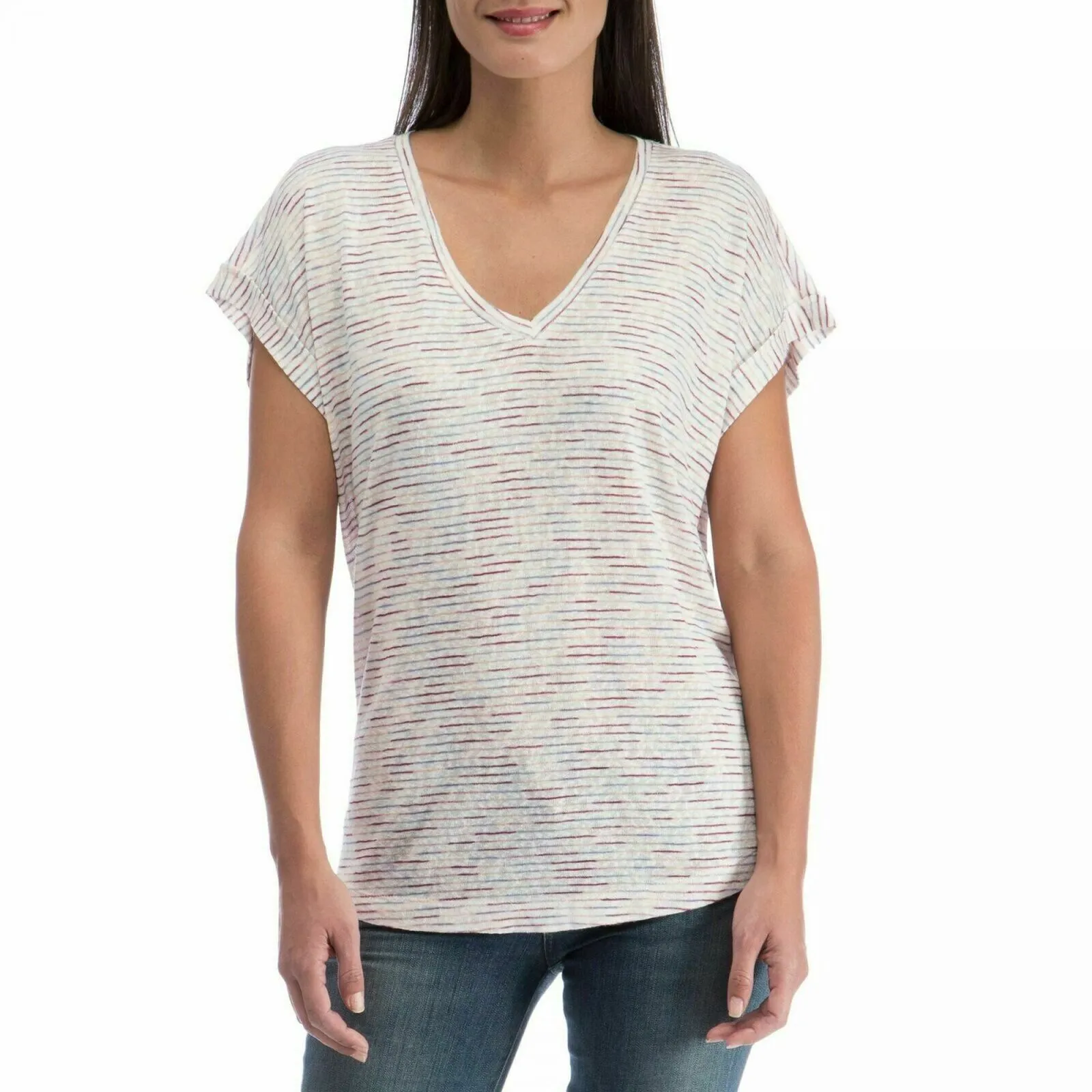 B Collection by Bobeau Women's Roll Cuff Back Pleat V-Neck Slub Knit T-Shirt