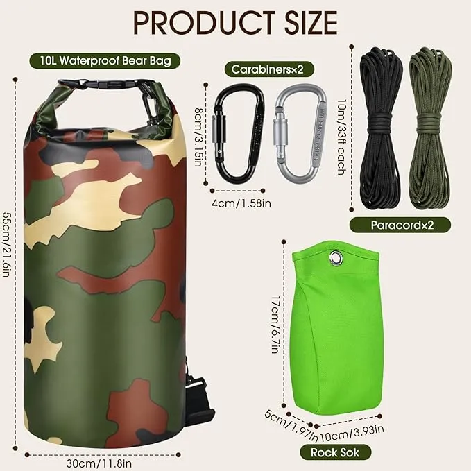 Bear Food Bag Hanging System, Bear Bags for Food Backpacking, Ultralight Bear Proof Food Storage Canister Bag, 10L Waterproof Camping Bear Food Bag Pulley System with Paracord, Carabiner, Throw Bag