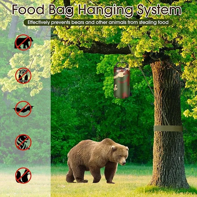 Bear Food Bag Hanging System, Bear Bags for Food Backpacking, Ultralight Bear Proof Food Storage Canister Bag, 10L Waterproof Camping Bear Food Bag Pulley System with Paracord, Carabiner, Throw Bag