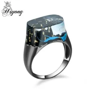 Beautiful mountain view Blue smoke Eco Resin Ring Black Gun Color High Quality Polished