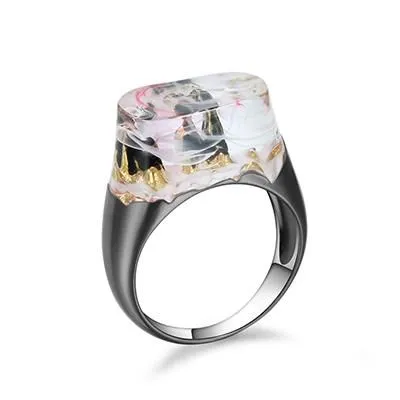 Beautiful mountain view Blue smoke Eco Resin Ring Black Gun Color High Quality Polished