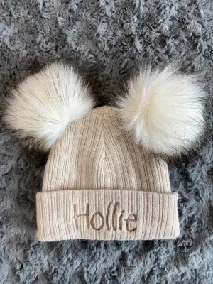 Beige 3  Month Double Pom hat