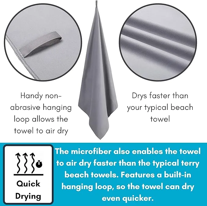 BIRDROCK HOME Multi-Purpose Microfiber Towel for The Beach, Travel, Pets or Camping - Large 31 x 63” - Grey - Quick-Dry - Absorbent Lightweight Compact - Mesh Bag - Kids Hiking Outdoor