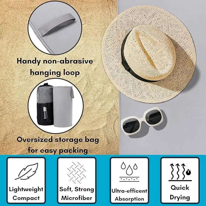 BIRDROCK HOME Multi-Purpose Microfiber Towel for The Beach, Travel, Pets or Camping - Large 31 x 63” - Grey - Quick-Dry - Absorbent Lightweight Compact - Mesh Bag - Kids Hiking Outdoor