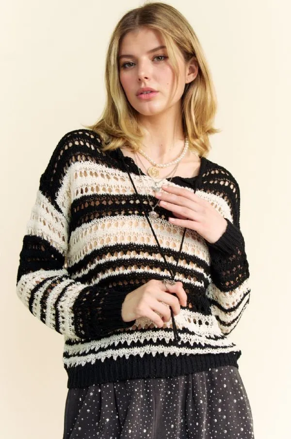 Black Contrast Striped Crochet Drop Shoulder Knit Cover Up