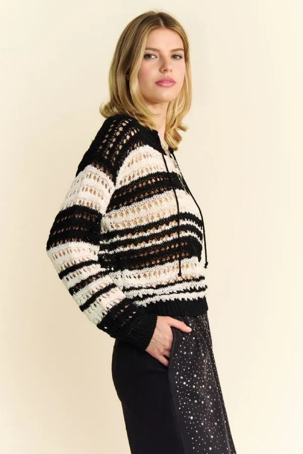 Black Contrast Striped Crochet Drop Shoulder Knit Cover Up