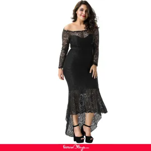 Black Delicate Floral Lace Low Hem Evening Dress