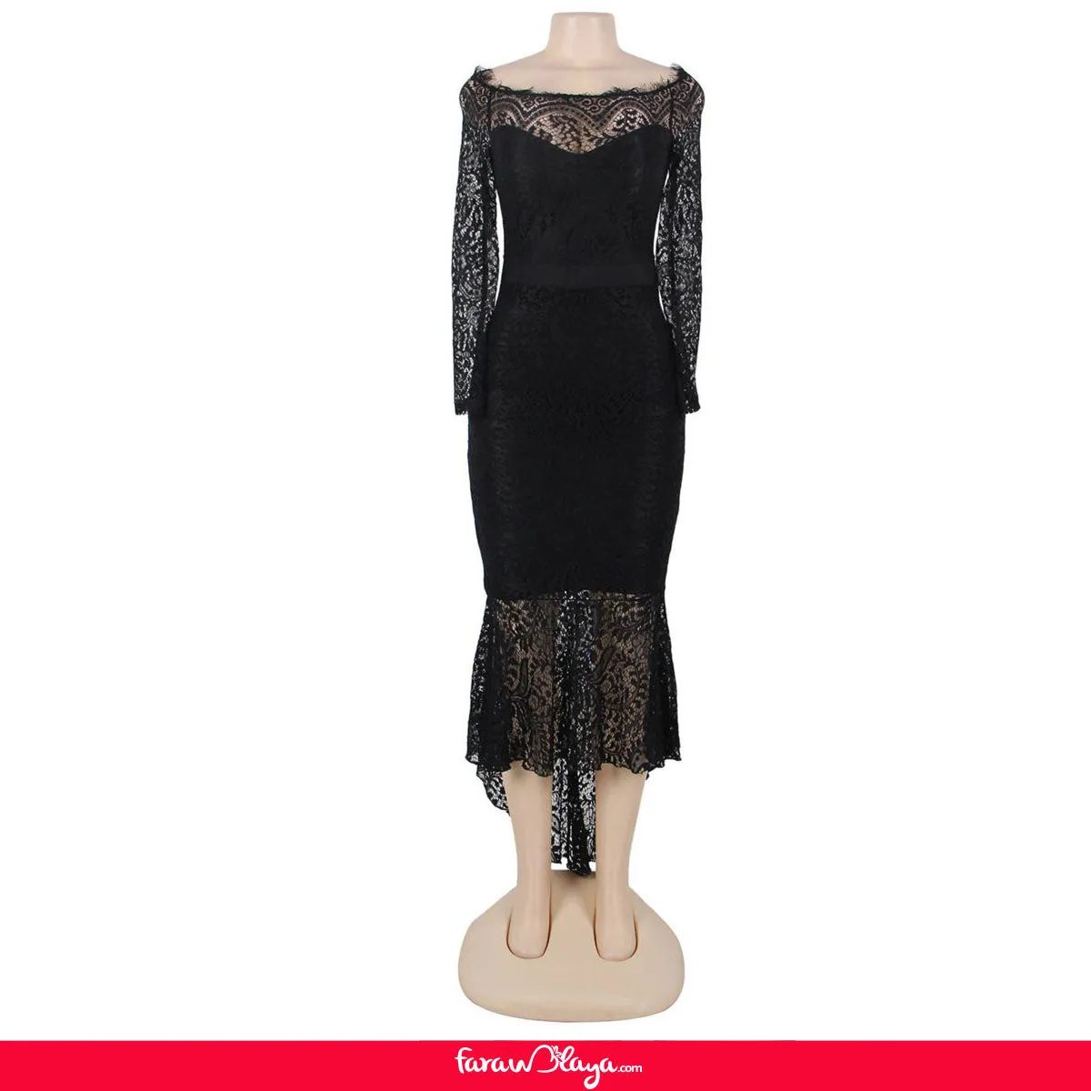 Black Delicate Floral Lace Low Hem Evening Dress
