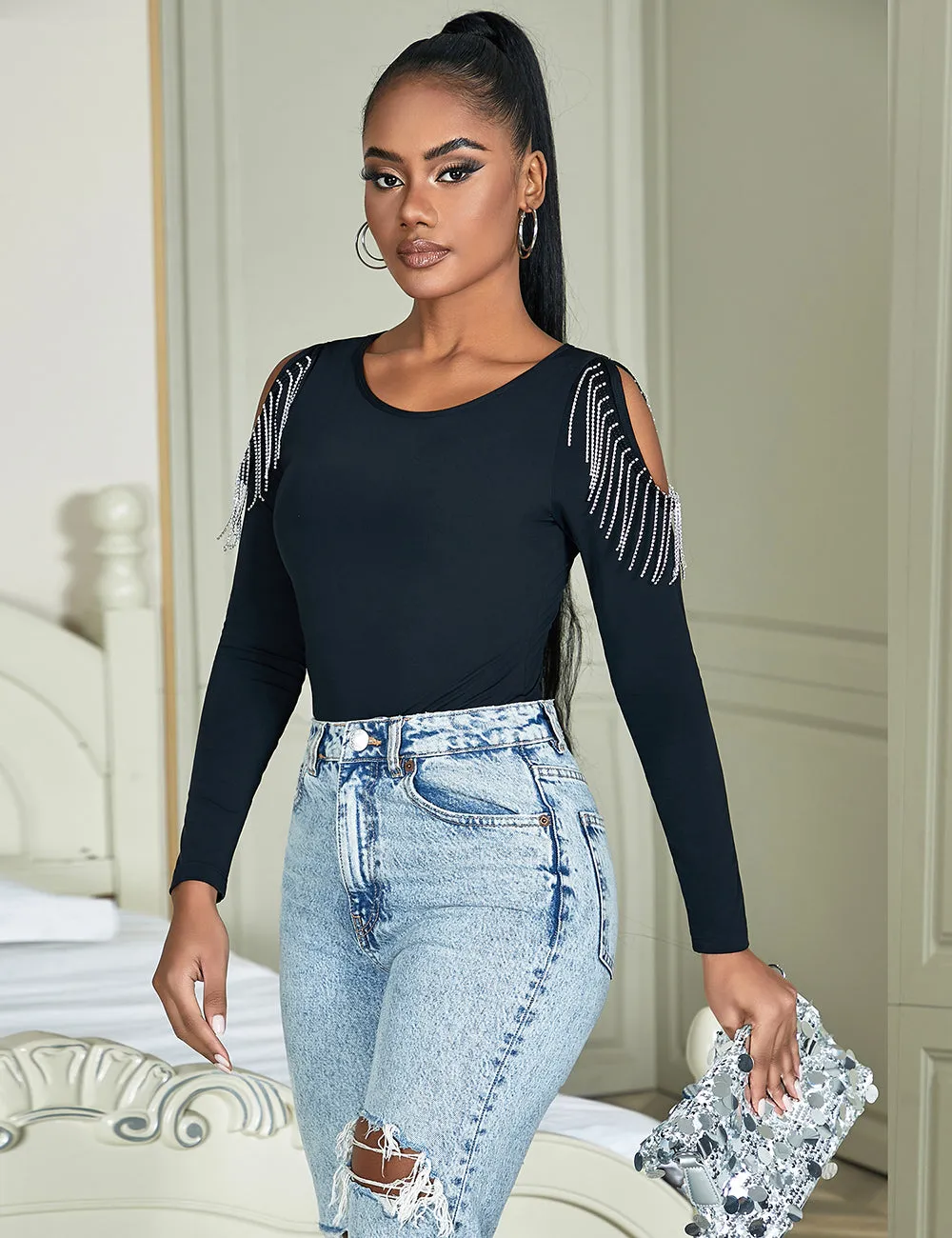 Black Diamond Chain Tassel Long Sleeve Bodysuit