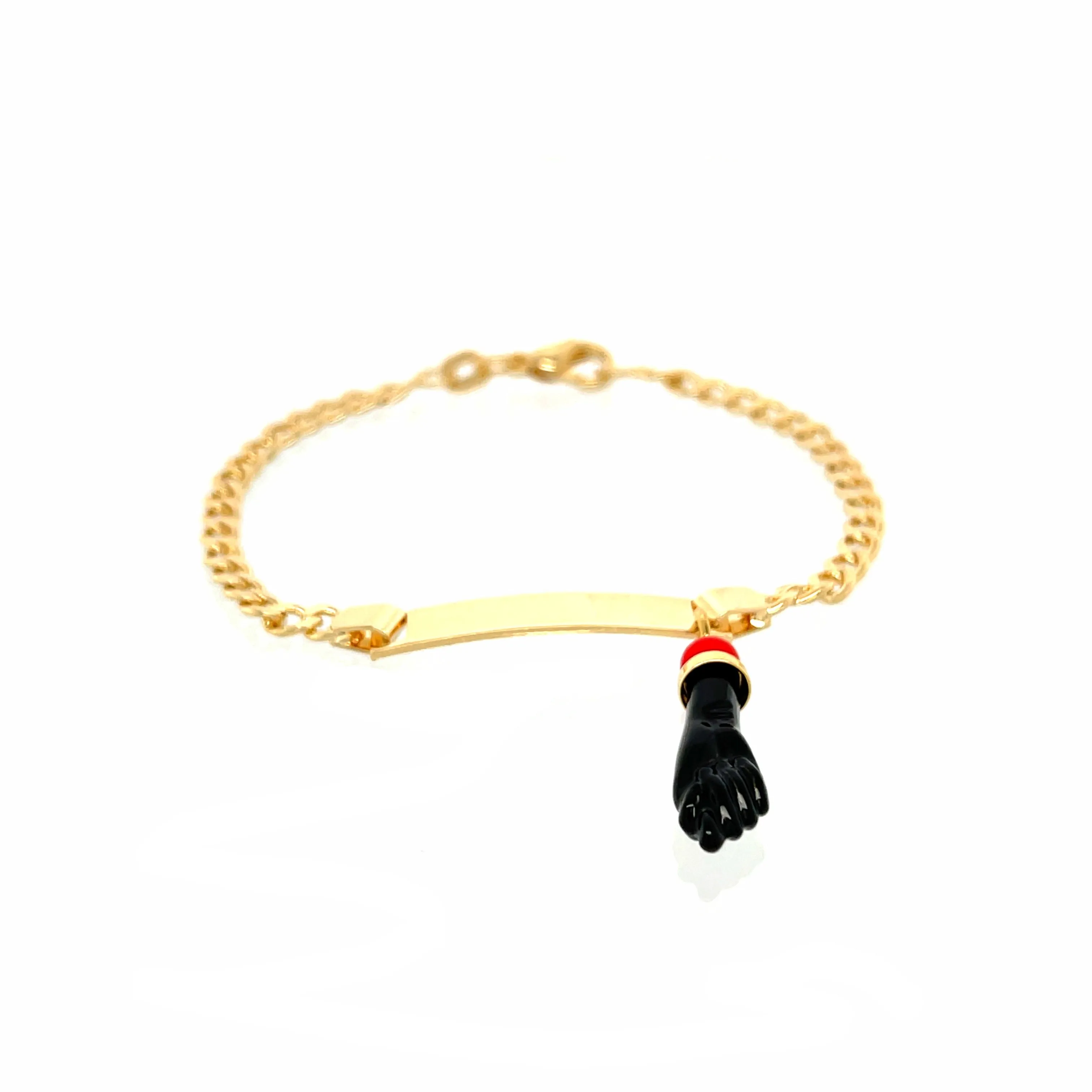 Black Figa Hand Charm Baby Bracelet Plain Plate Cuban Curb Chain Link